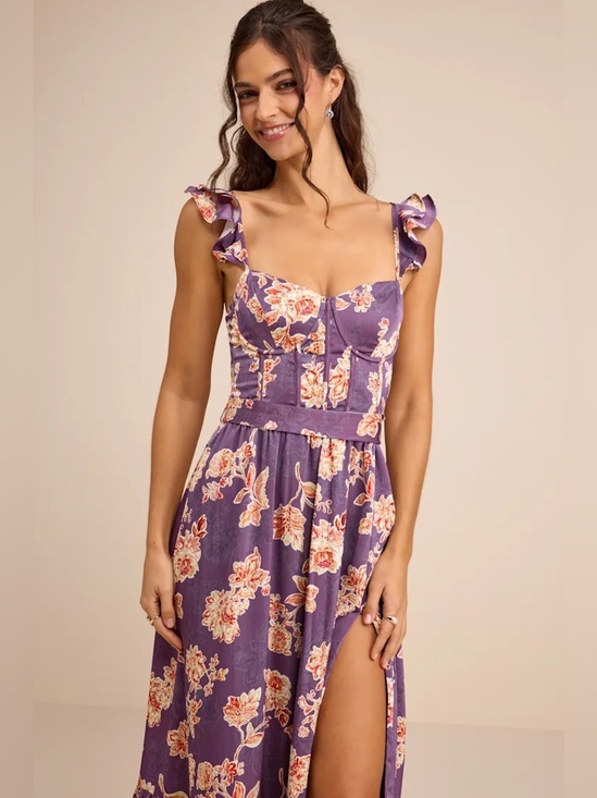Lulus Dresses & Skirts - Lulus Sweet Like Sangria Purple Floral Ruffled Bustier Midi Dress